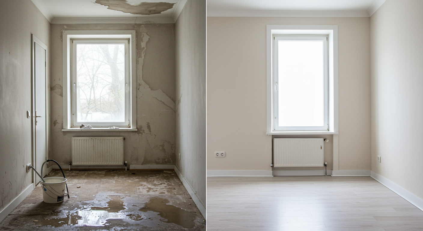 A split image showing a room before and after water damage cleanup. The left side depicts a water-damaged area, while the right side shows a restored, clean space.