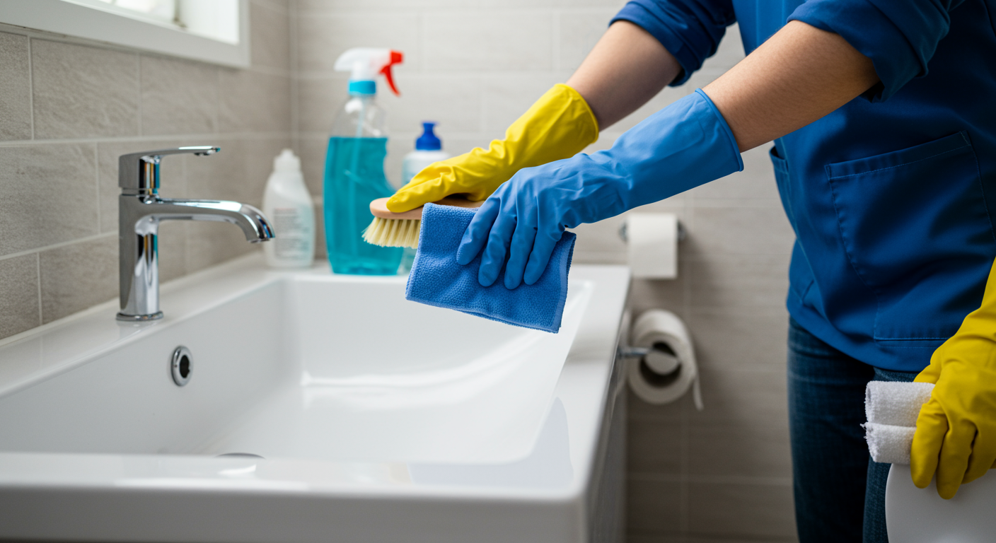 A person cleaning a bathroom with mold-resistant products, showcasing the action of prevention. The setting is bright and clean, with visible cleaning supplies.