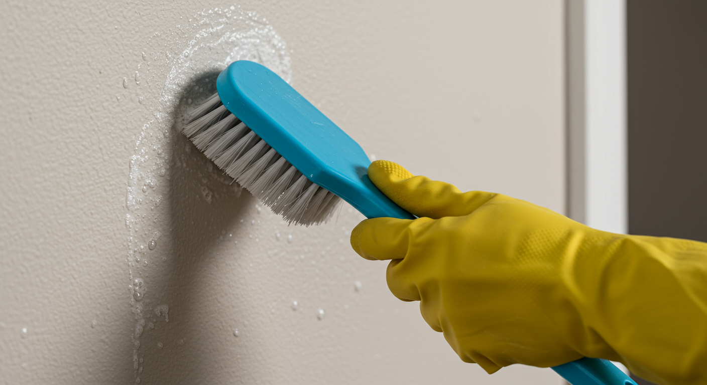 A close-up of a homeowner applying a mold removal solution to a wall, demonstrating a DIY approach. The image captures the action of scrubbing with a brush, highlighting the process of tackling mold directly.