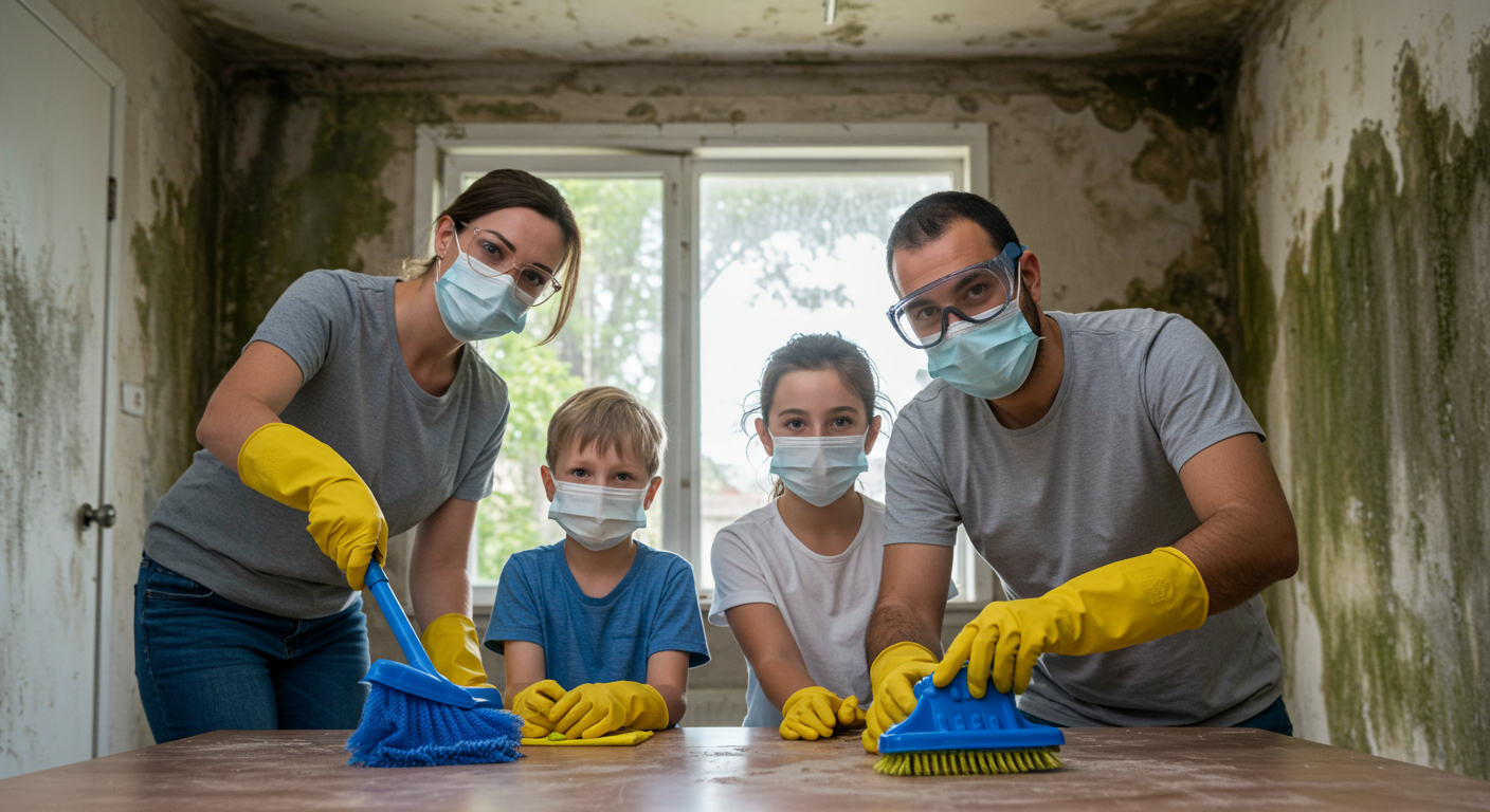 A family safely cleaning a mold-affected area together, with safety masks and gloves. The image captures teamwork and the importance of safety during mold removal.