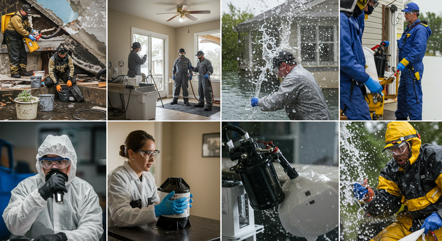 A collage-style image showing various aspects of home remediation: mold removal, water extraction, and fire damage repair, with technicians in action.