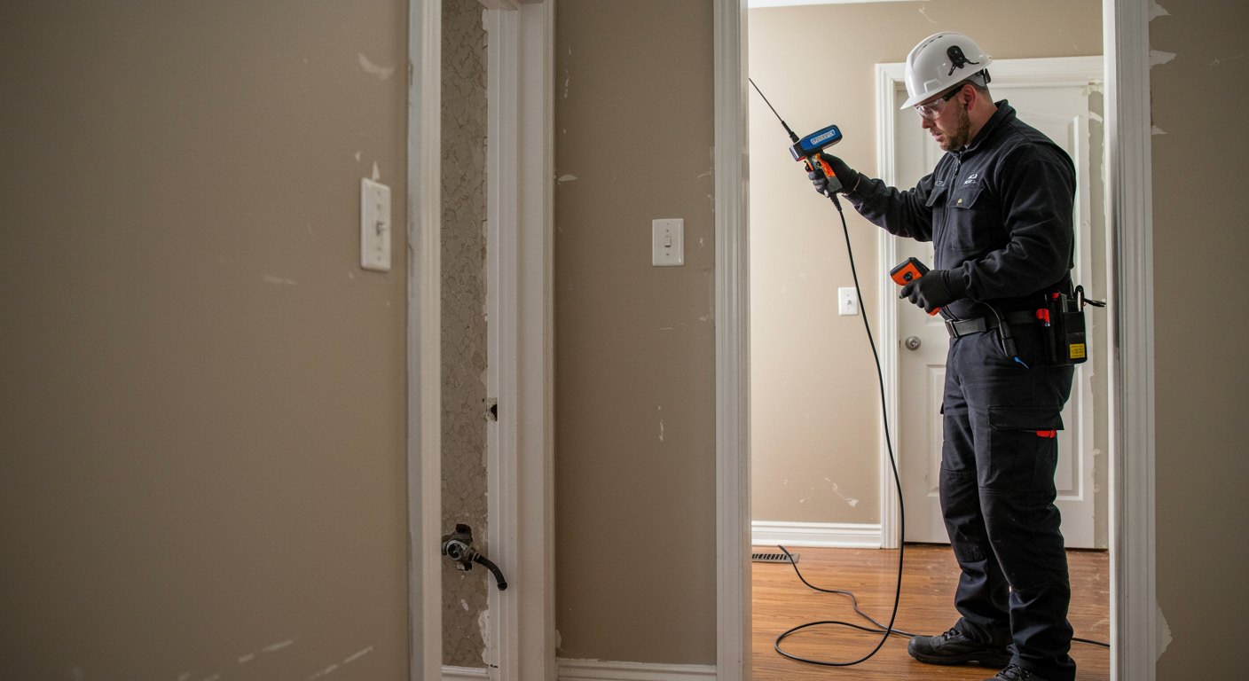 A technician using advanced leak detection equipment in a residential setting, focused on a wall where water damage is evident.