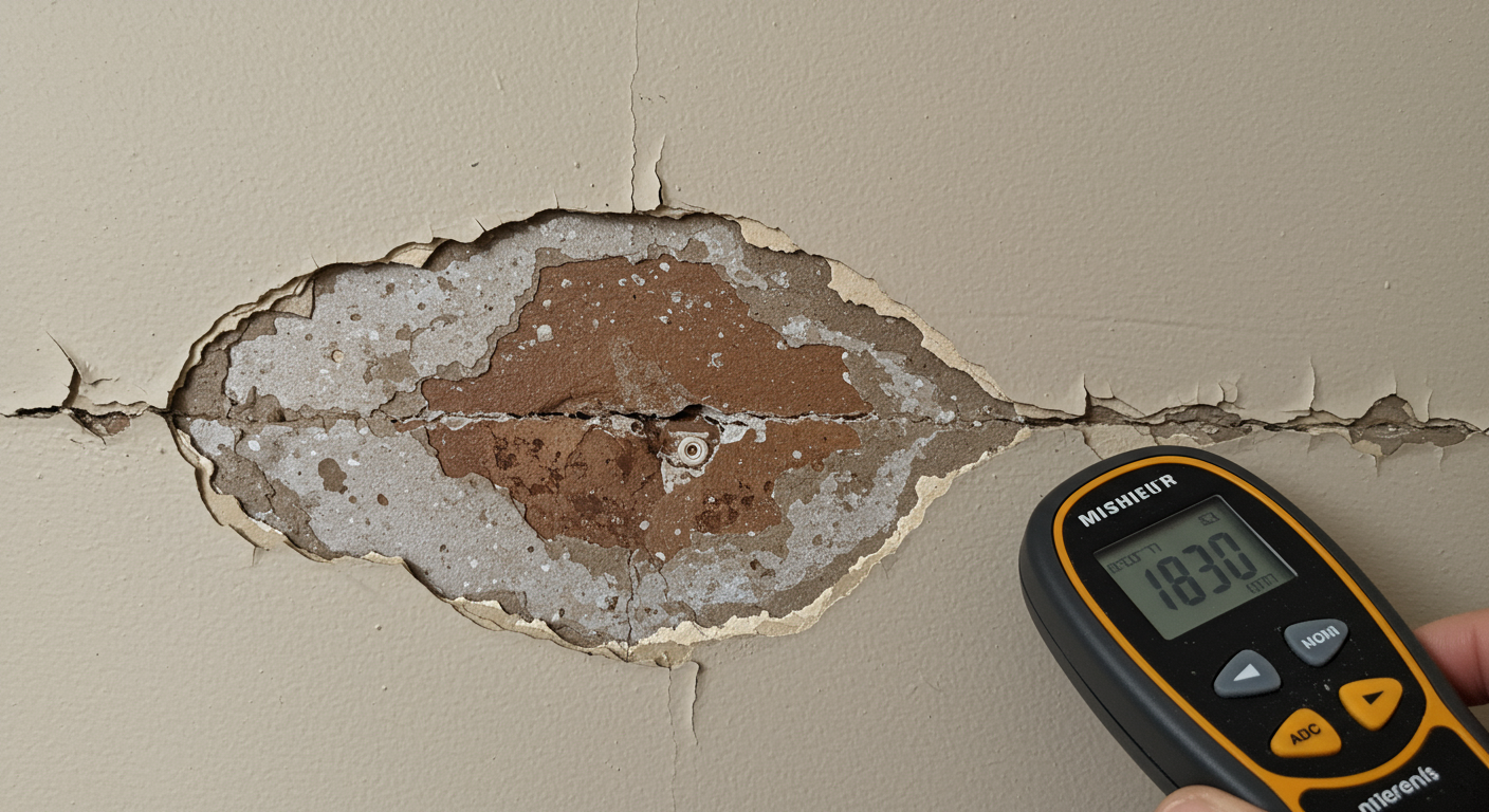 A close-up of a water-damaged wall with peeling paint and a moisture meter being used to assess the damage. The setting is a home in Peachtree Corners.