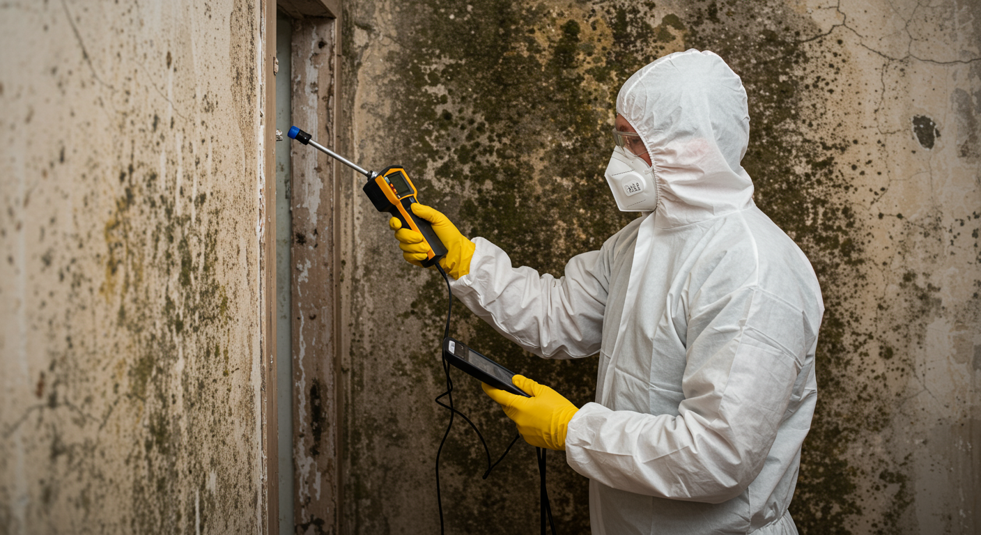 A professional technician in protective gear inspecting a water-damaged wall with visible mold growth. The technician is using a moisture meter, showcasing expertise and attention to detail.
