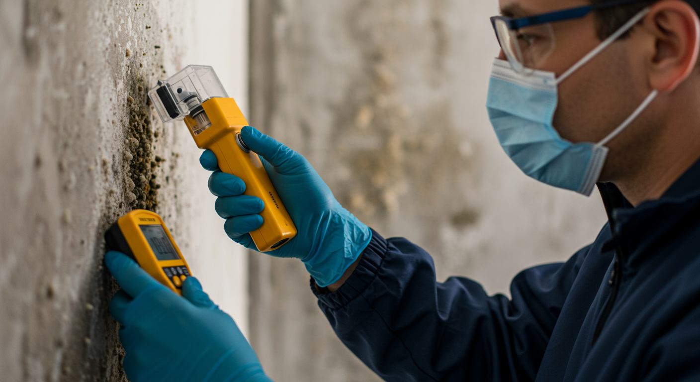 A close-up of a professional inspector examining a wall for mold growth using a moisture meter. The inspector is wearing protective gear, highlighting the seriousness of mold inspection.