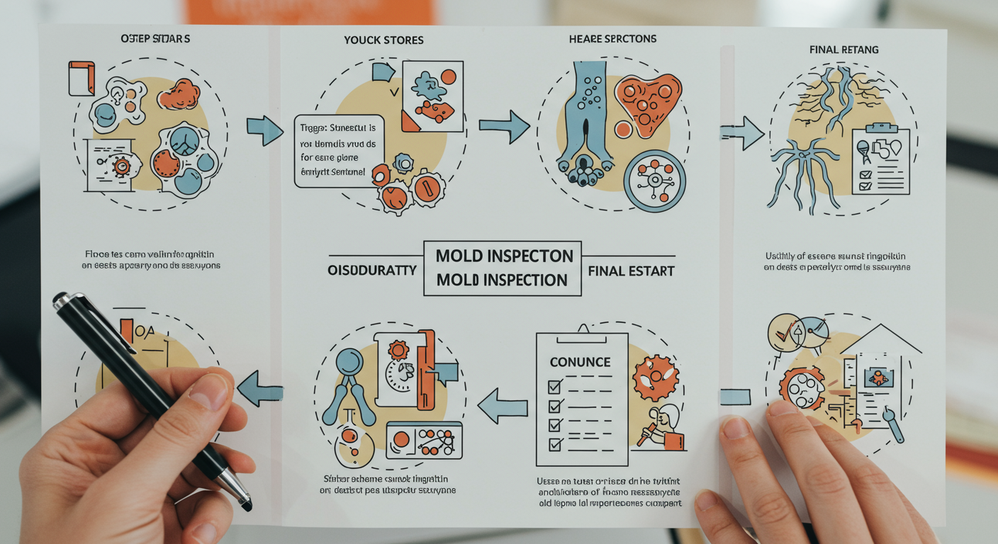 A detailed diagram showing the step-by-step process of mold inspection. Each step is visually represented with icons and arrows, guiding the viewer through the inspection stages, from initial assessment to final reporting.