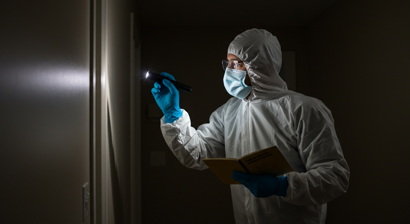 A professional technician in protective gear inspecting a home for black mold. The technician is using a flashlight to examine dark corners and walls, highlighting the thoroughness of the inspection process.