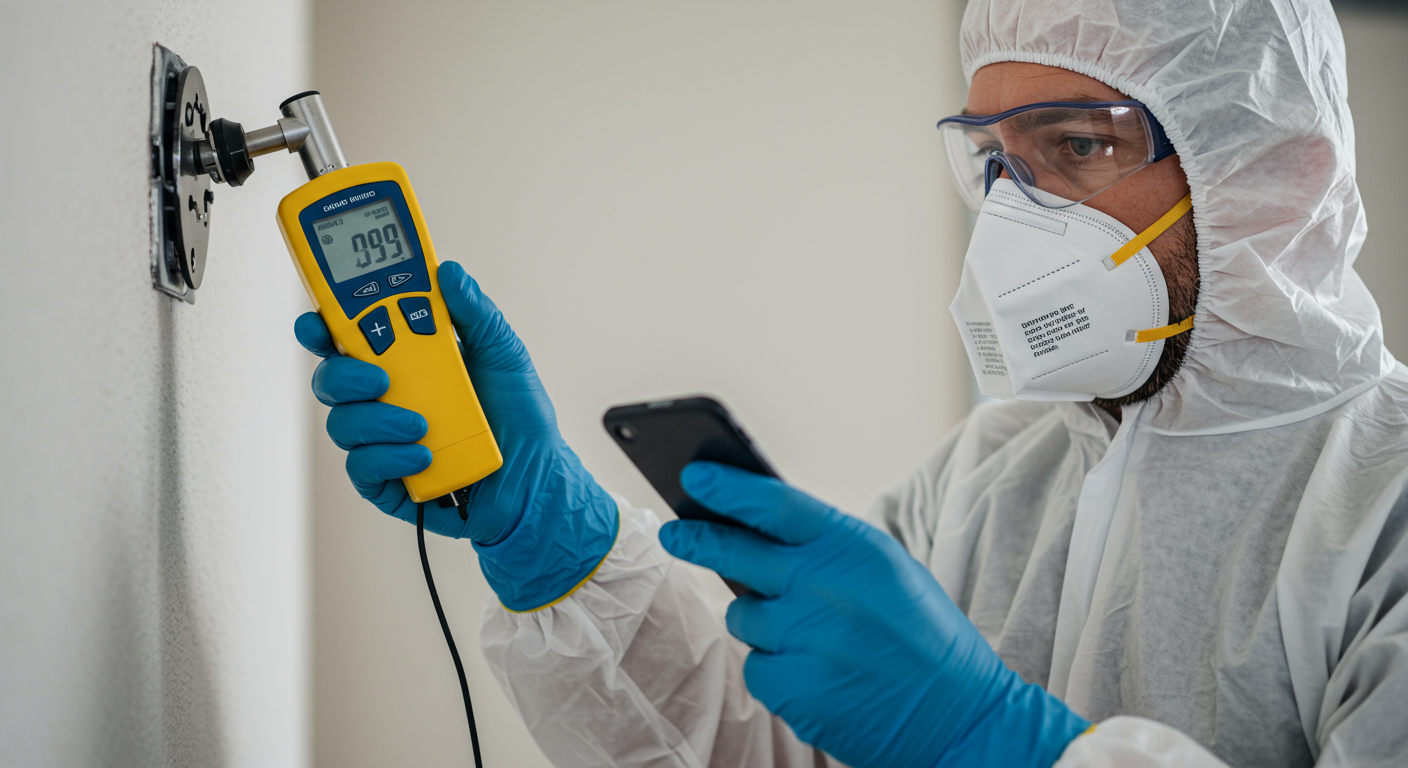 A certified technician inspecting a wall for mold using a moisture meter. The technician is wearing protective gear, emphasizing safety and professionalism.