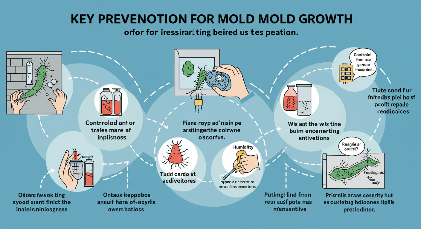 An infographic-style image illustrating key prevention tips for mold growth, such as controlling humidity and regular inspections.