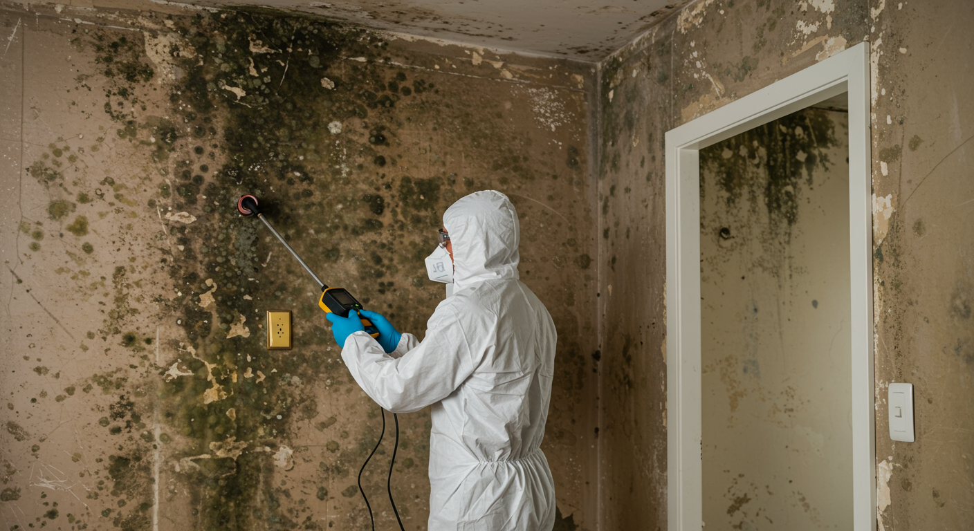 A professional mold remediation technician inspecting a home with visible mold damage on the walls.