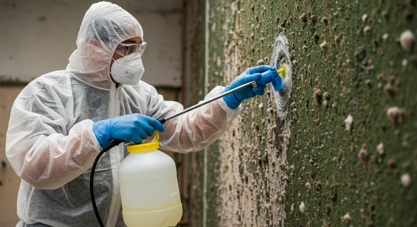 A dynamic scene of a technician in protective gear applying a mold remediation solution to a surface, with visible mold patches in the background.