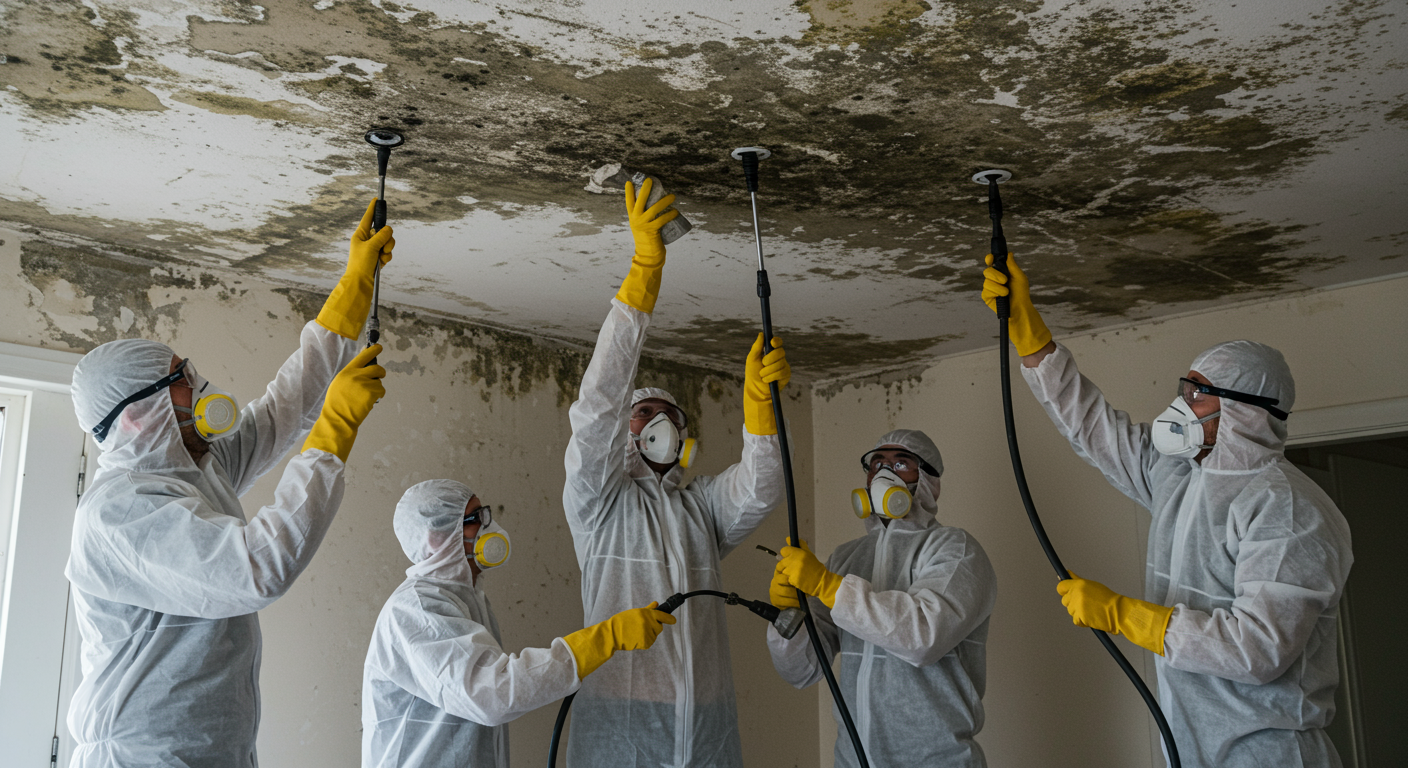 A team of professionals in protective gear actively removing mold from a ceiling. The image captures the teamwork and safety measures in place, with visible mold on the surfaces being treated.