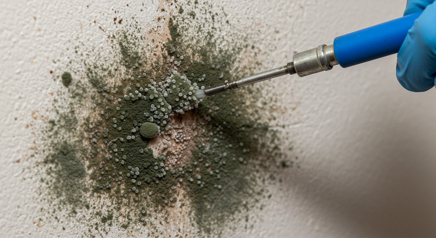 A close-up of mold spores on a damp wall, with a technician applying a mold removal solution. The focus is on the action of remediation, highlighting the process of treating mold-infested areas.