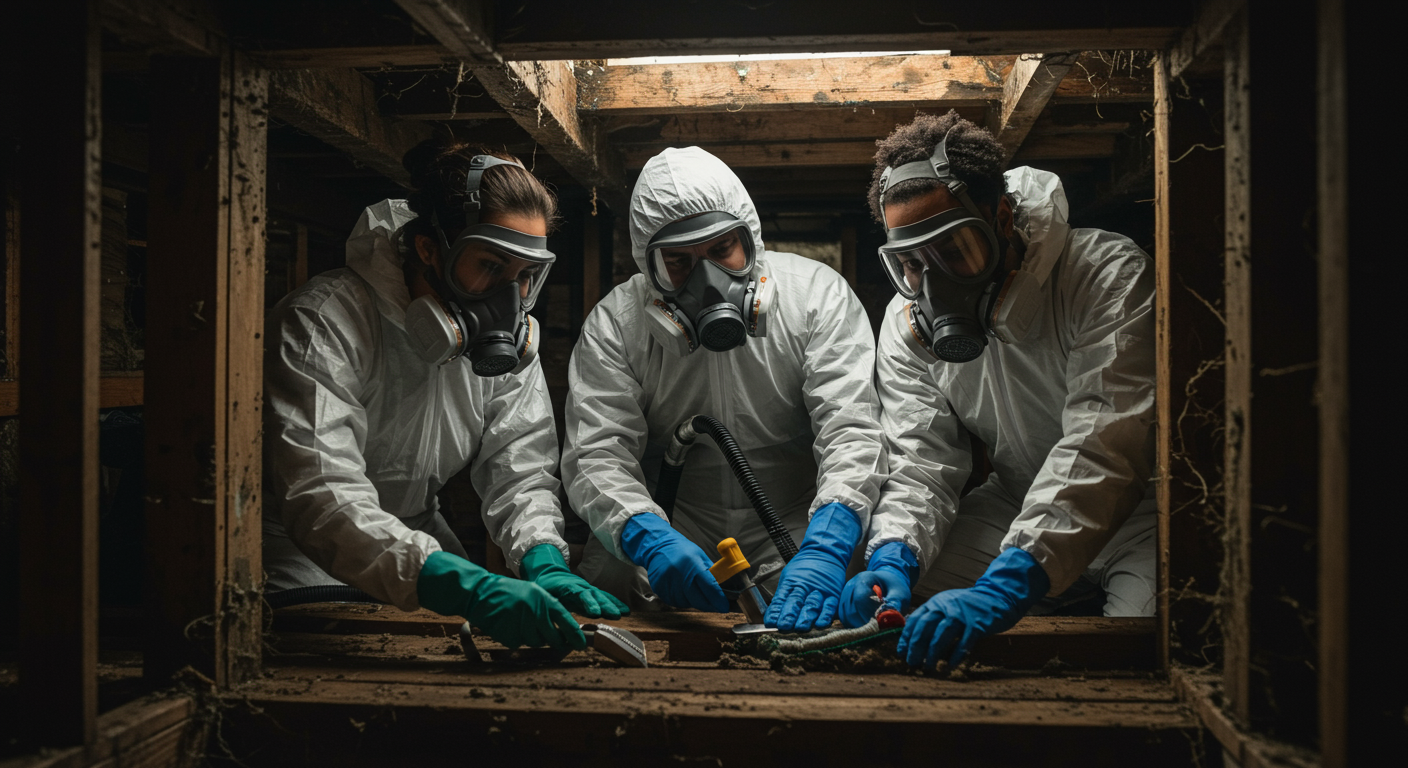 A team of mold remediation experts working together to remove mold from a crawl space, showcasing teamwork and professionalism.