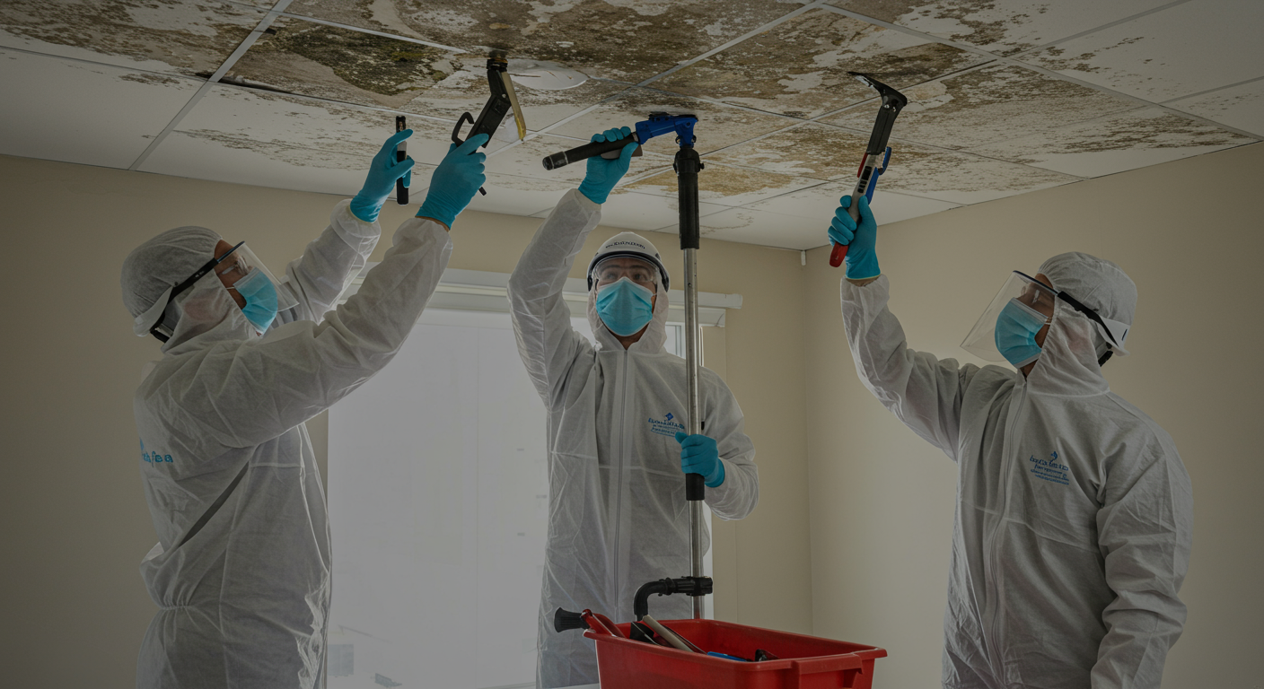 A dynamic scene of a team of certified mold remediation professionals in action, wearing protective gear while removing mold from a ceiling. Tools and equipment are visible, showcasing a professional environment.