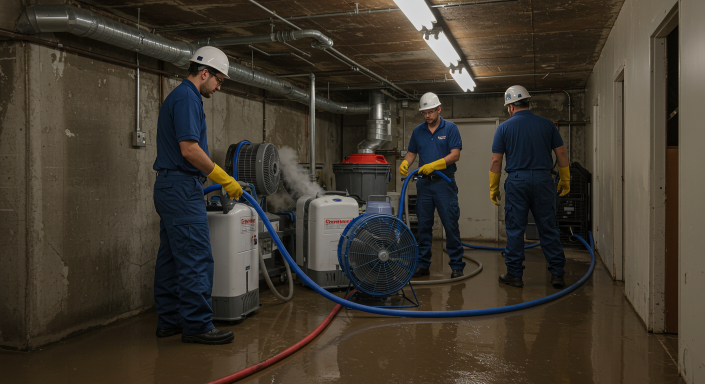 A restoration team in action, using industrial equipment like dehumidifiers and air movers in a flooded basement. The team is focused and working efficiently to mitigate damage.