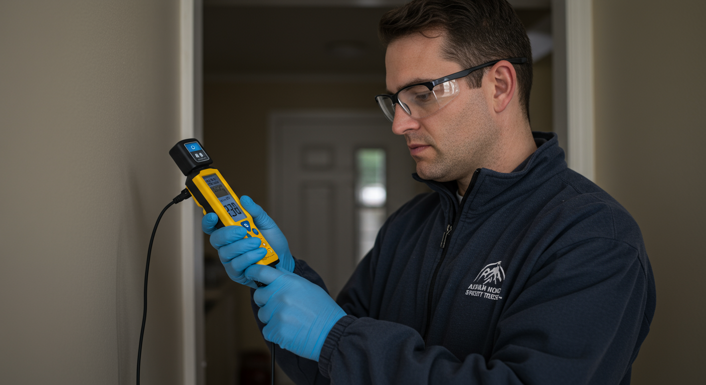 A technician conducting air quality testing in a home, using a handheld device to measure mold spores in the air.