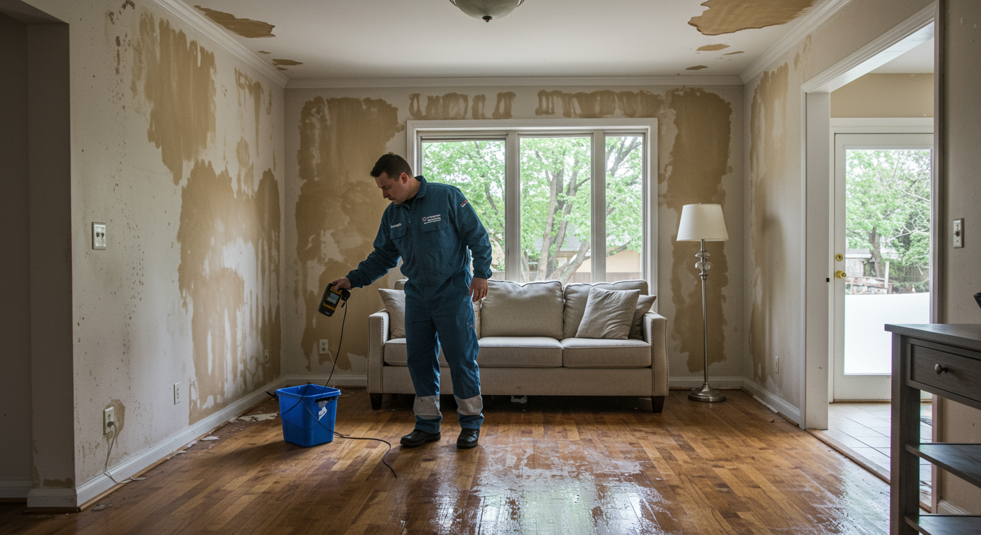 A professional restoration technician inspecting a water-damaged living room, with visible water stains on the walls and flooring. The technician is using a moisture meter to assess the damage.