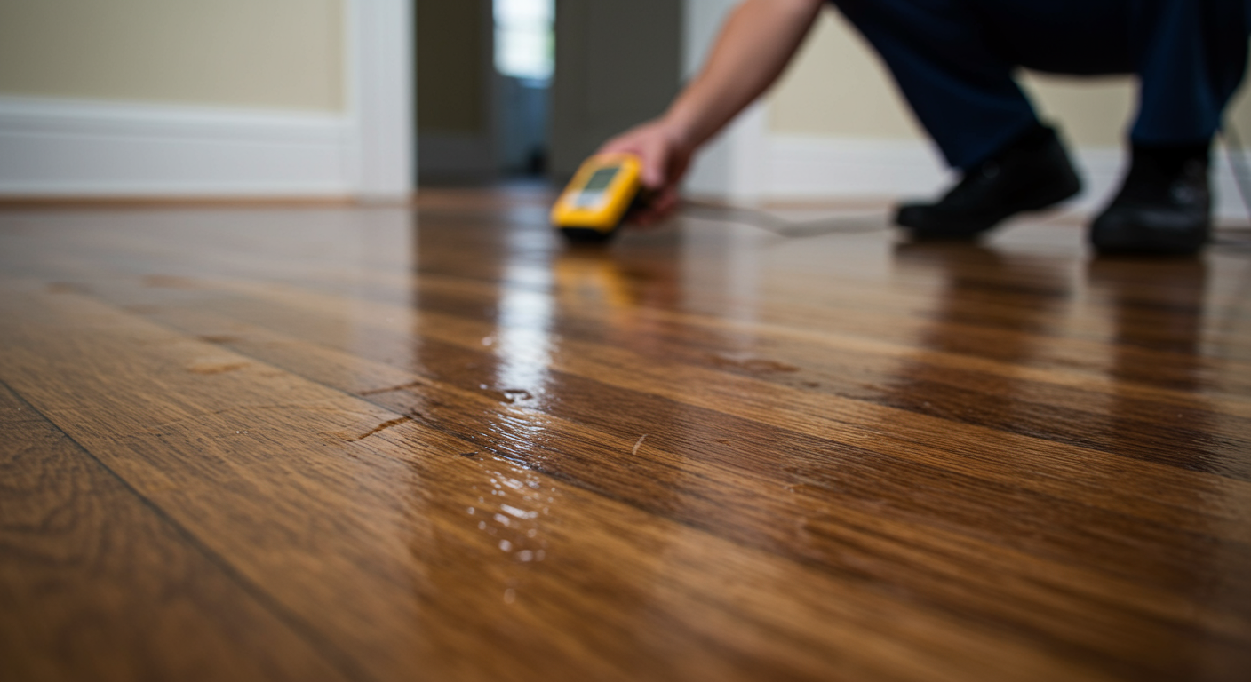 A close-up of a water-damaged wooden floor in a Savannah home, with visible signs of moisture and warping. In the background, a restoration technician is seen assessing the damage with a moisture meter.