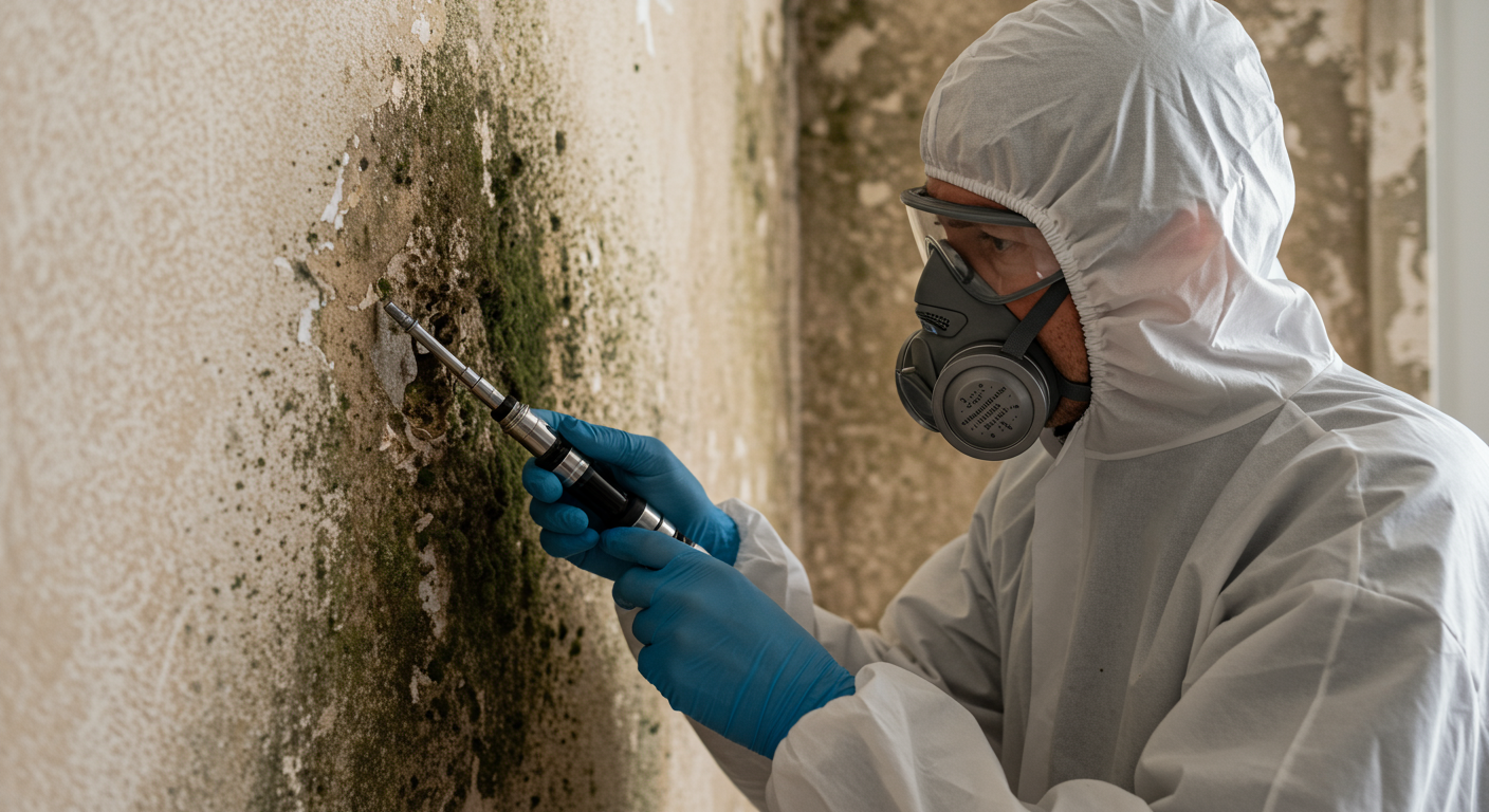 A close-up of a professional restoration technician inspecting a water-damaged wall with visible mold growth. The technician is wearing protective gear, emphasizing safety and professionalism.