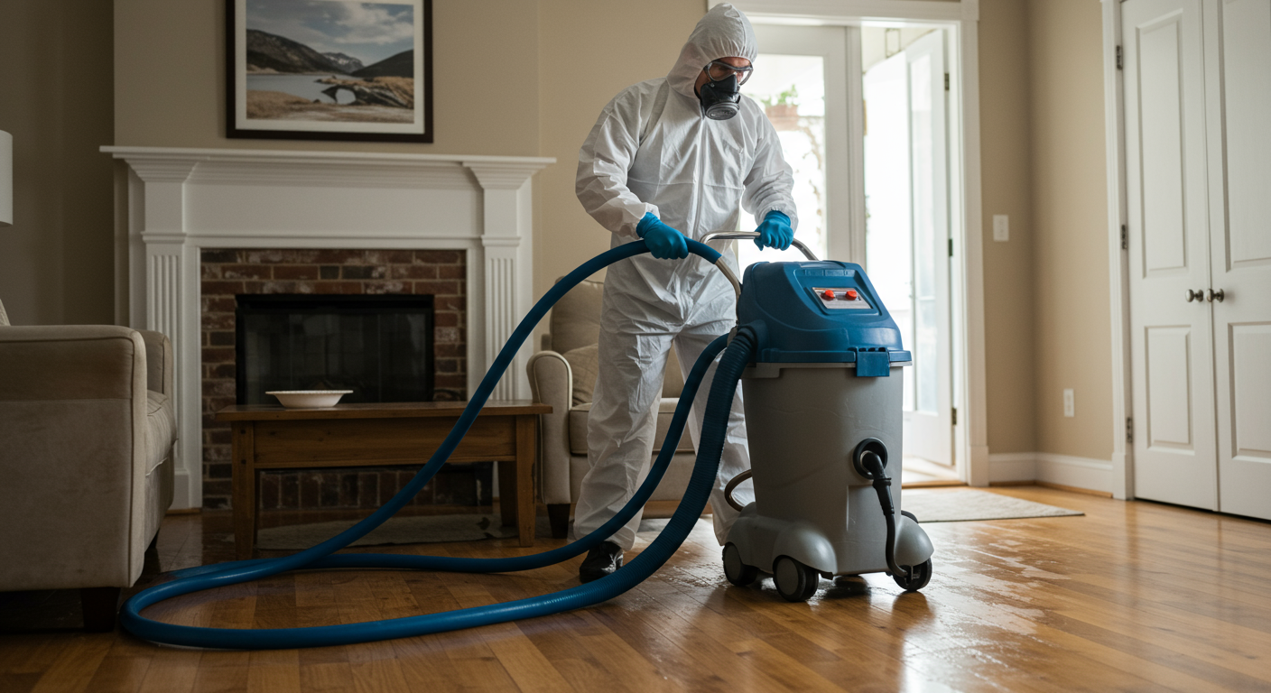 A professional restoration technician in protective gear is actively using a water extraction machine in a flooded living room. The focus is on the technician's determined expression and the equipment in action, showcasing the urgency of the restoration process.