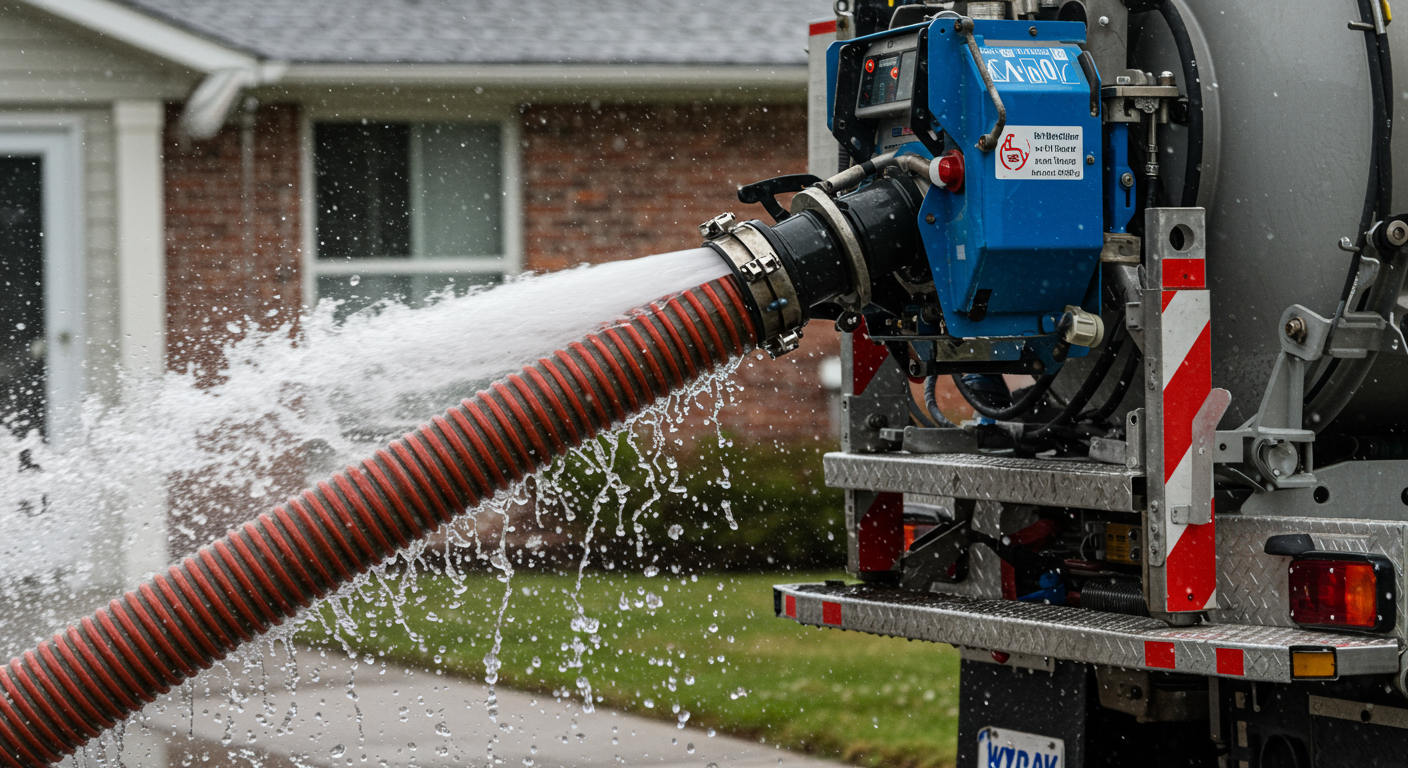 A close-up of a water extraction hose connected to a truck-mounted system, with water being sucked out from a residential area. This image emphasizes the technology used in water extraction services.