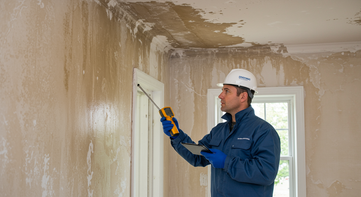 A professional water damage restoration technician inspecting a home with visible water stains on the walls and ceiling. The technician is using a moisture meter to assess the extent of the damage.