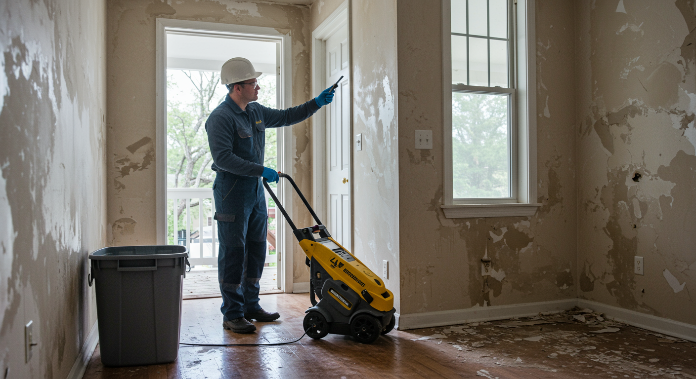 A professional technician inspecting a home with visible water damage on the walls and floor. The technician is using specialized equipment to assess the extent of the damage.