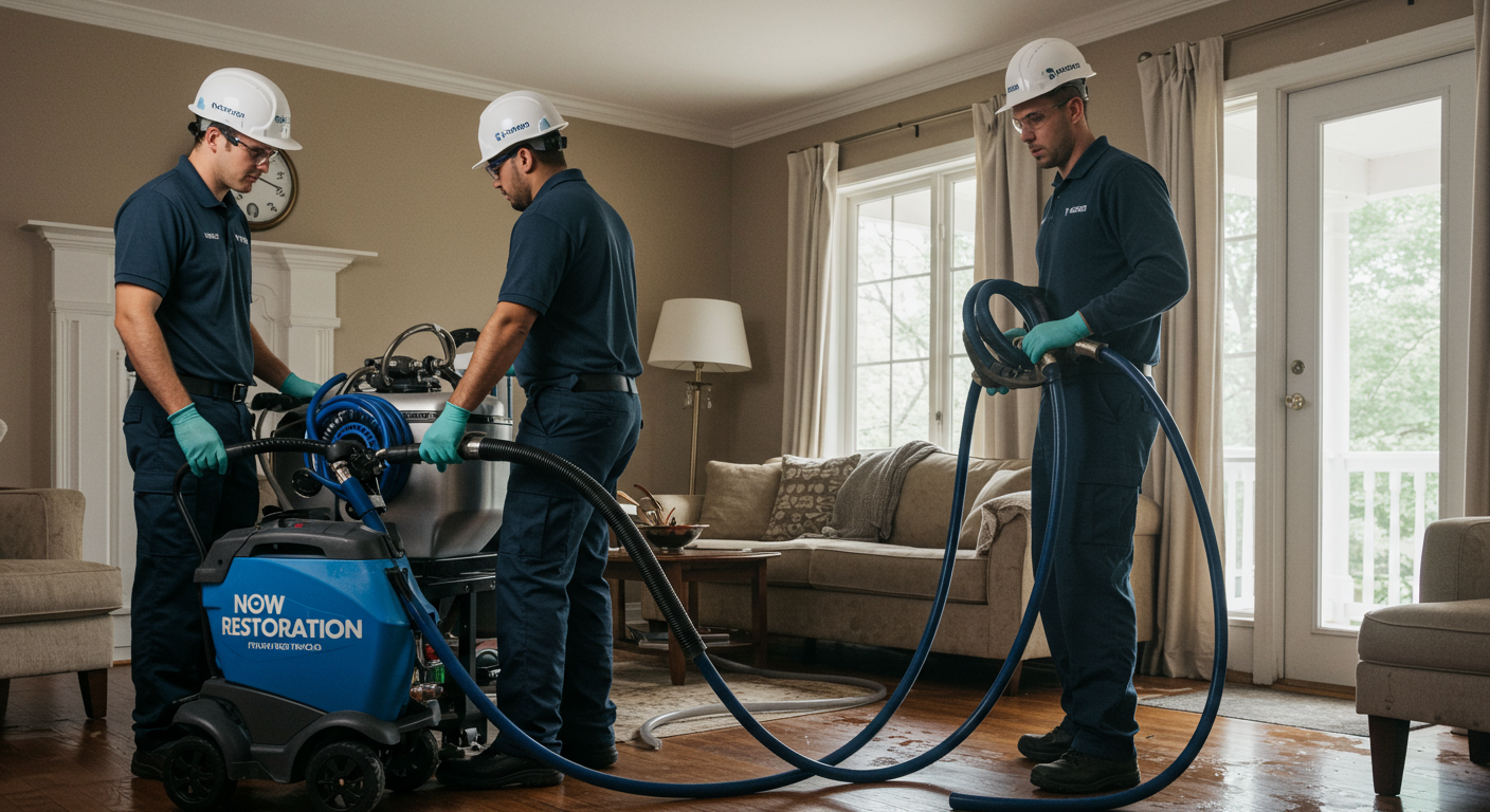 A restoration team in action, using advanced equipment to extract water from a flooded living room. The team is focused and professional, showcasing their expertise.