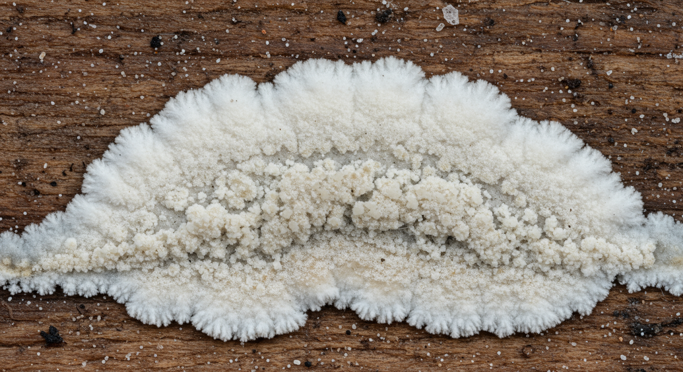A detailed close-up shot of white mold growing on a wooden surface. The image focuses on the texture and color of the mold, highlighting its characteristics and the need for remediation.
