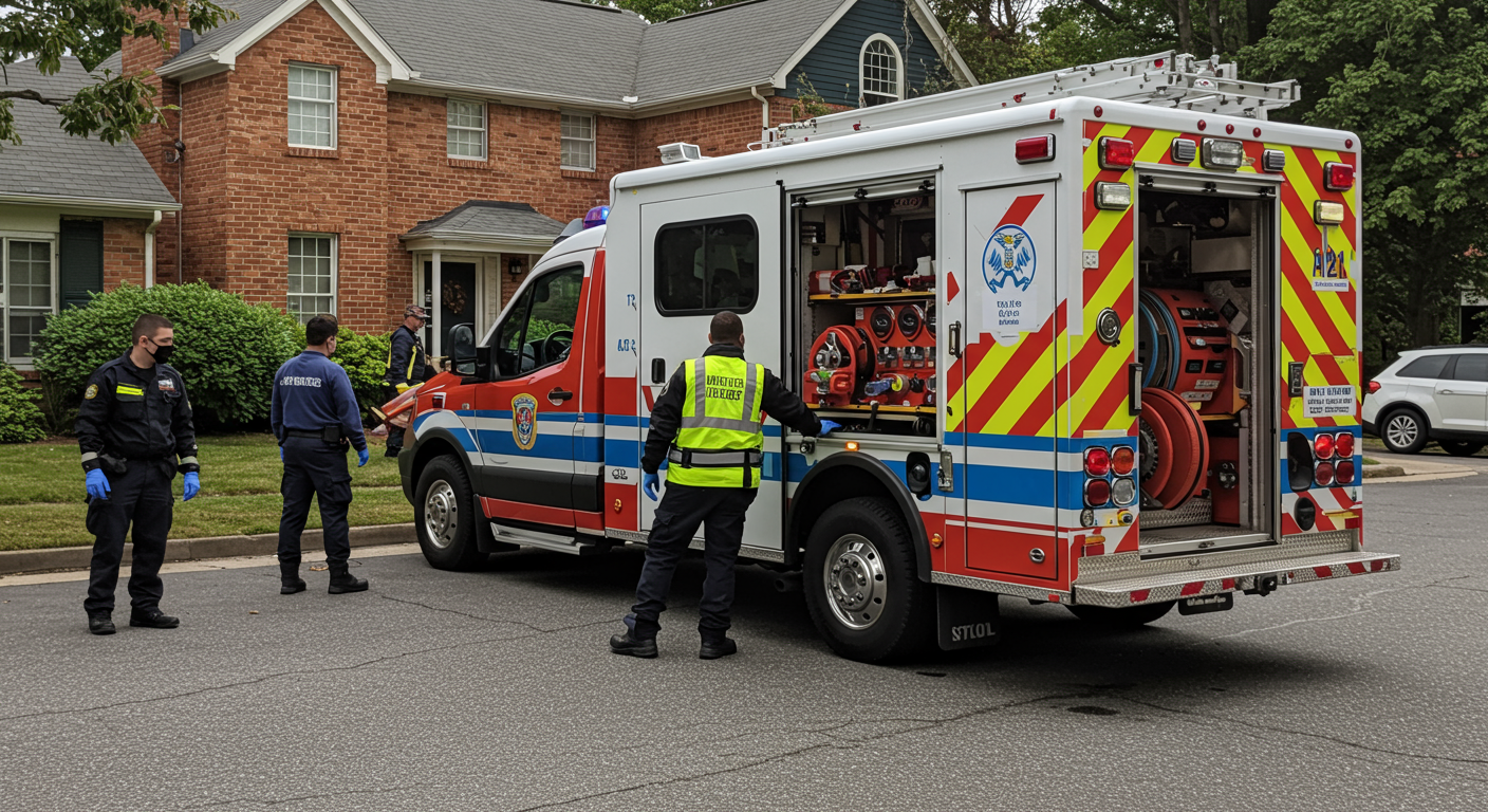 An image capturing an emergency response vehicle parked outside a home, with team members preparing to enter. The scene conveys urgency and readiness to address water damage emergencies.