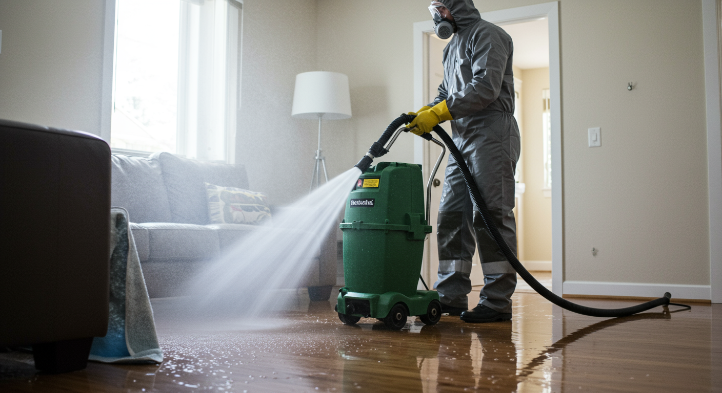A technician in protective gear using a powerful water extraction machine in a flooded living room.