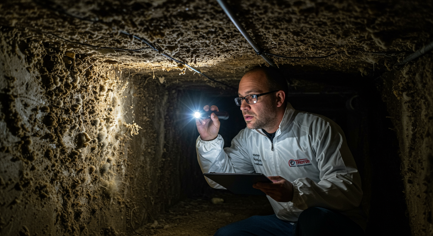A professional mold inspector examining a crawl space with a flashlight, highlighting areas affected by mold.