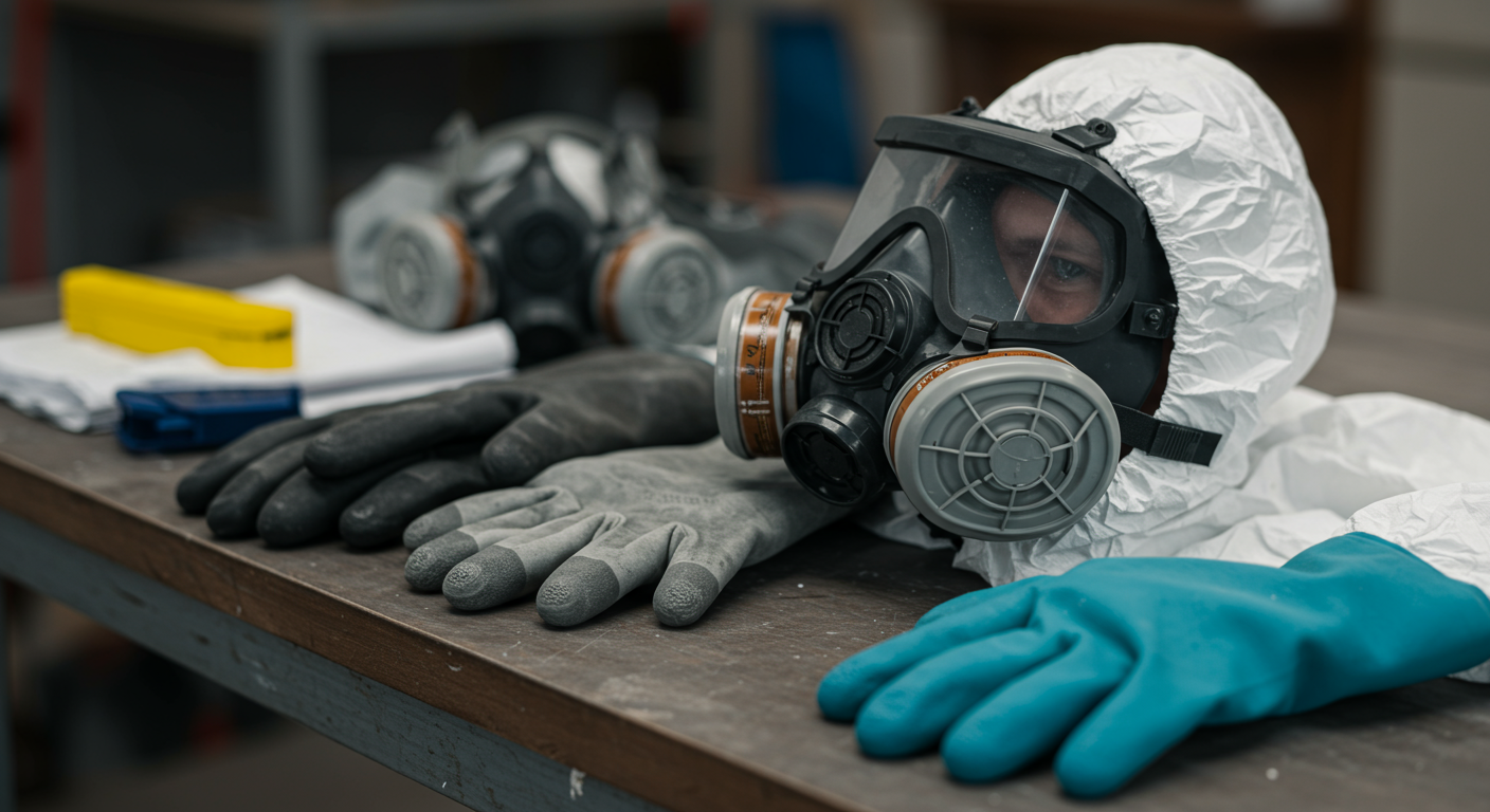 Close-up of safety equipment such as respirators, gloves, and protective suits laid out on a workbench, emphasizing the safety protocols essential in asbestos abatement.