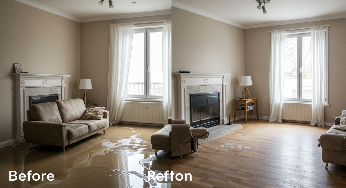 A split image showing a room before and after water damage restoration. The left side depicts a flooded room with waterlogged furniture, while the right side shows the same room restored, clean, and dry, emphasizing the effectiveness of the service.