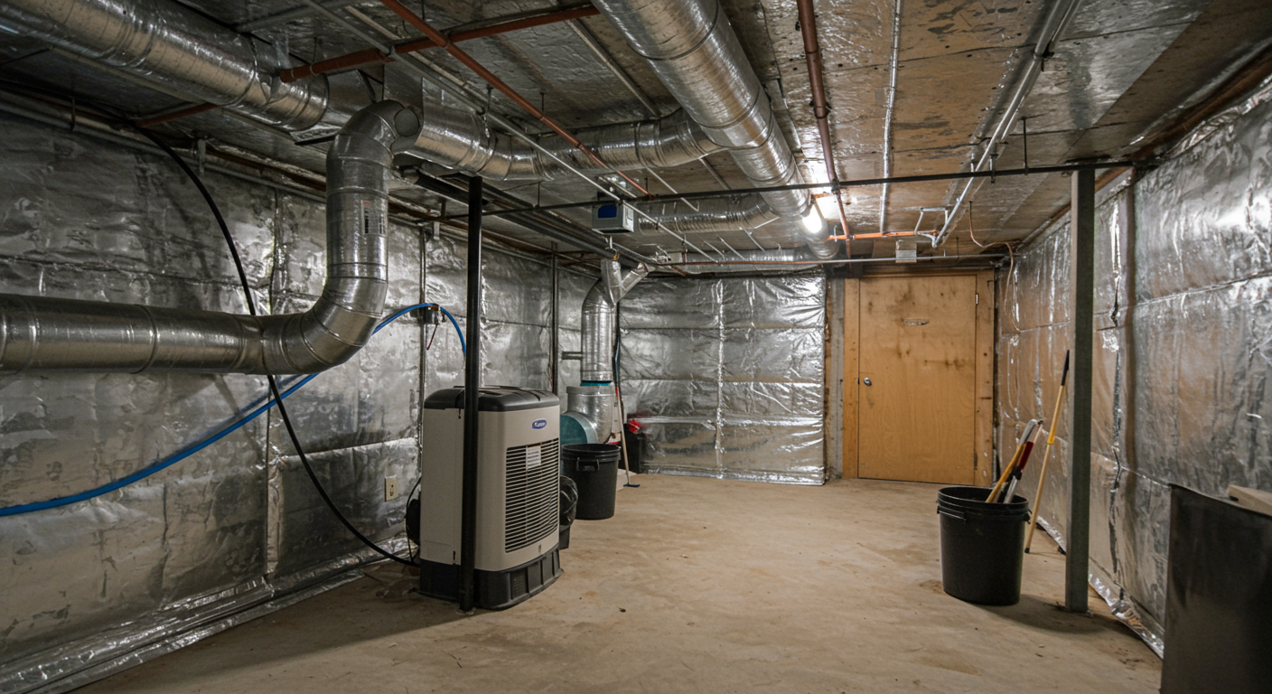 A clean and well-ventilated crawl space after remediation, featuring a dehumidifier and vapor barrier. The space looks bright and inviting, emphasizing a healthy environment.