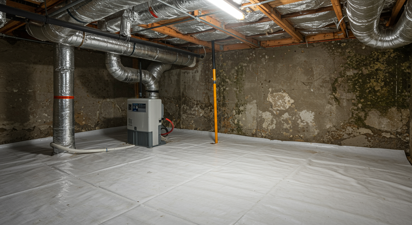 A close-up view of a well-encapsulated crawl space featuring a clean, white vapor barrier covering the ground, with a dehumidifier in the corner. The walls are dry and free of mold, showcasing a healthy environment.