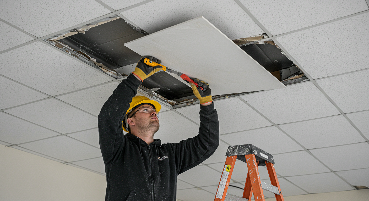 A professional contractor carefully removing an acoustic ceiling tile, showcasing the tools and protective gear used during the process.