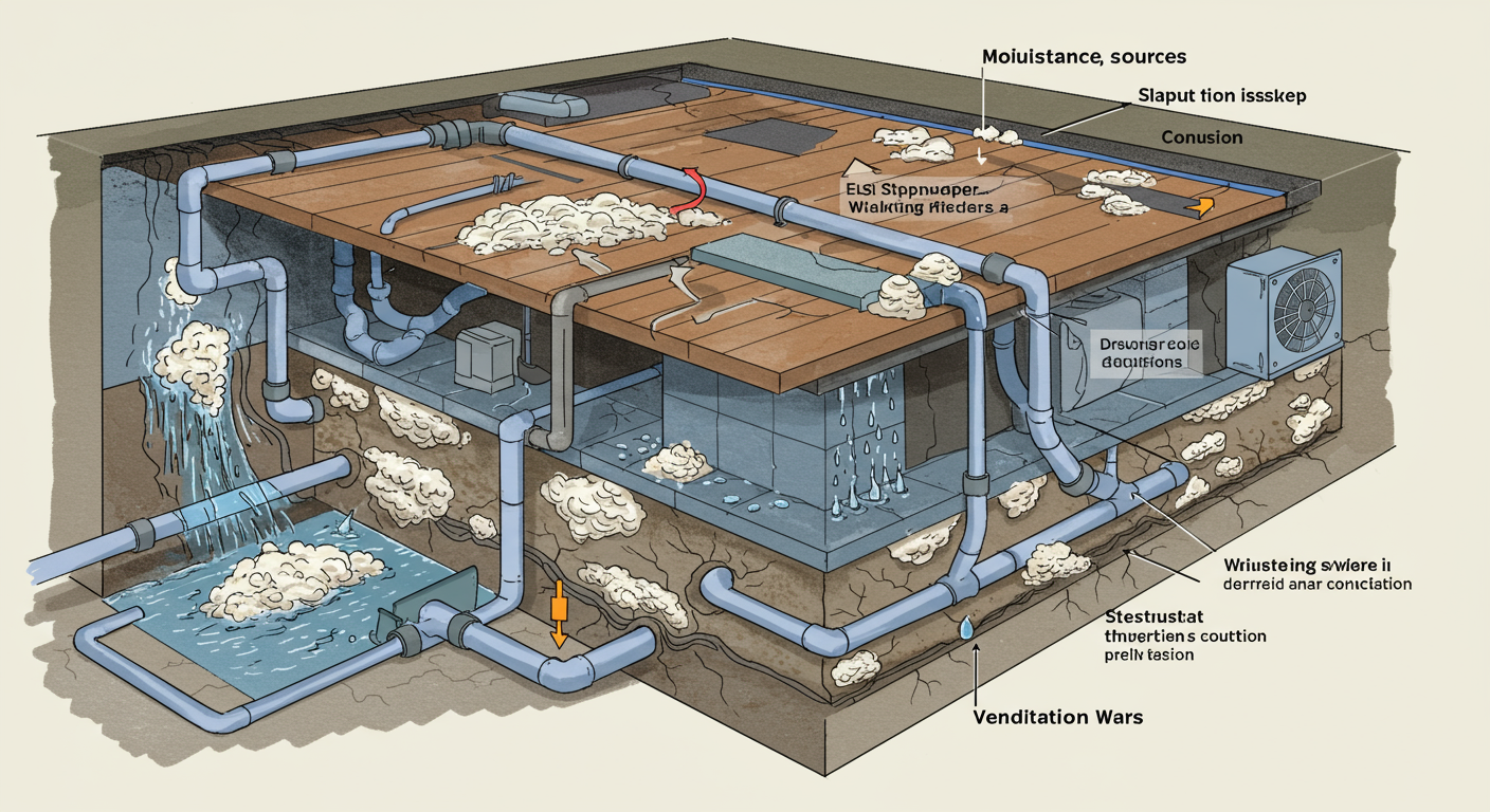 A diagrammatic representation of a crawl space with labeled areas showing moisture sources, white fungus growth, and prevention tips.