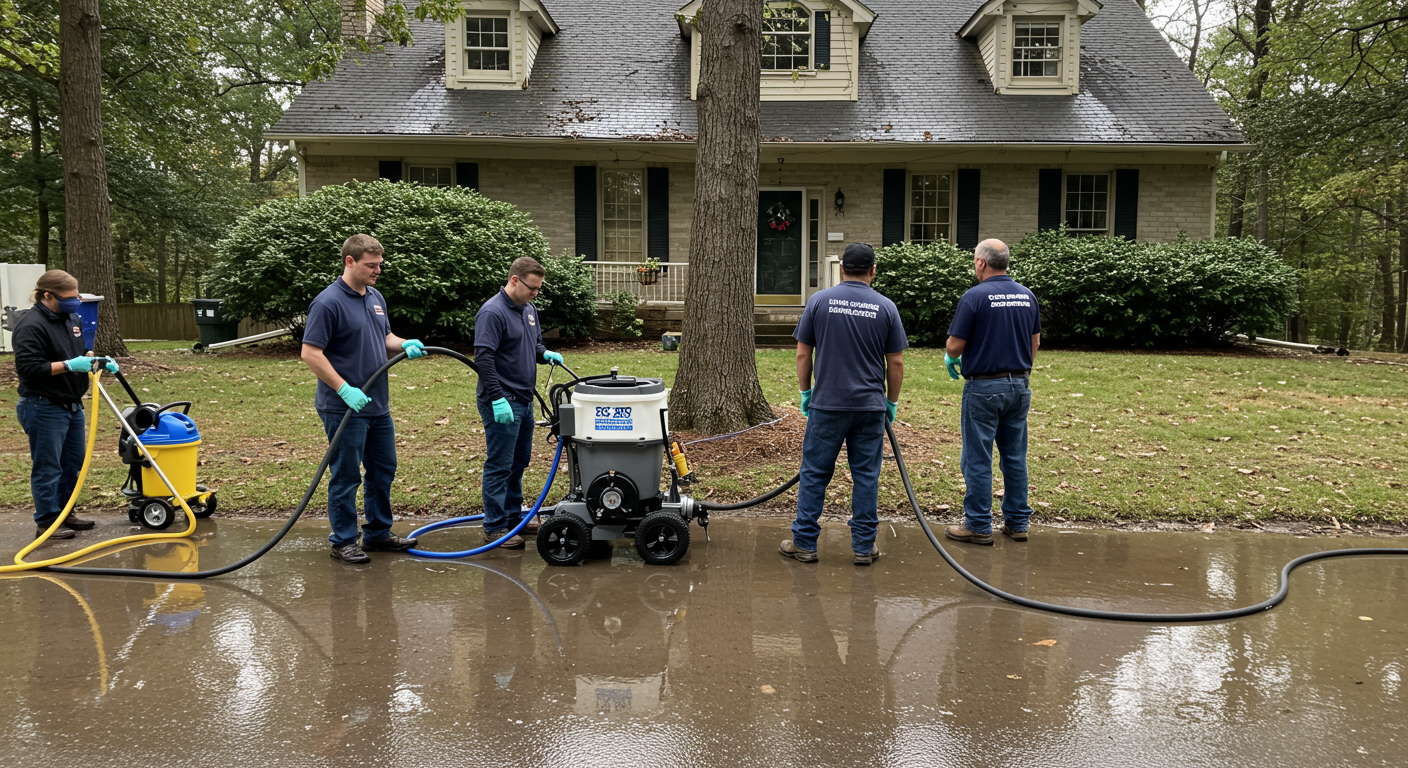 A water restoration team in branded uniforms actively working on a flooded residential property in Marietta.