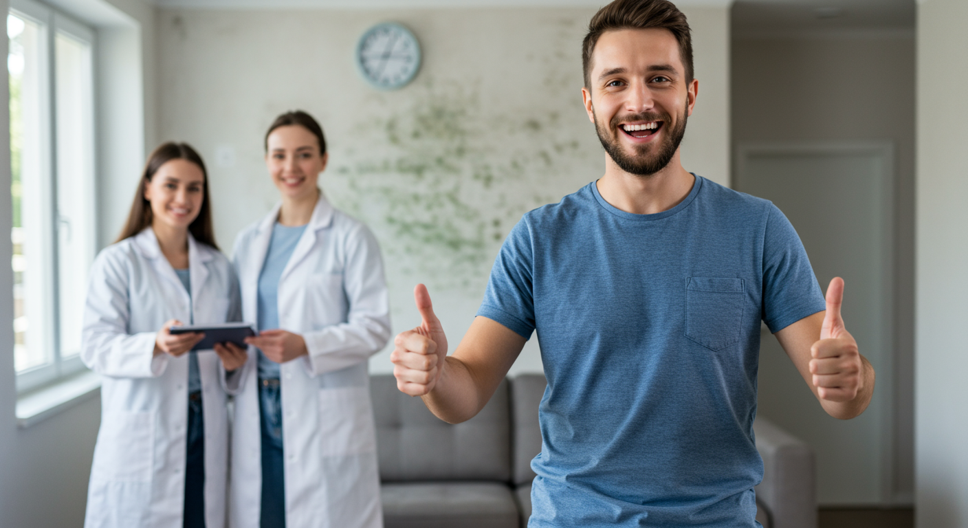 A satisfied homeowner standing in a clean, mold-free living room, smiling and giving a thumbs-up to the mold remediation team.