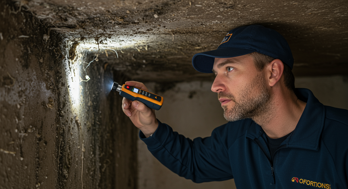 A professional contractor inspecting a damp area of a home with a flashlight and moisture meter.