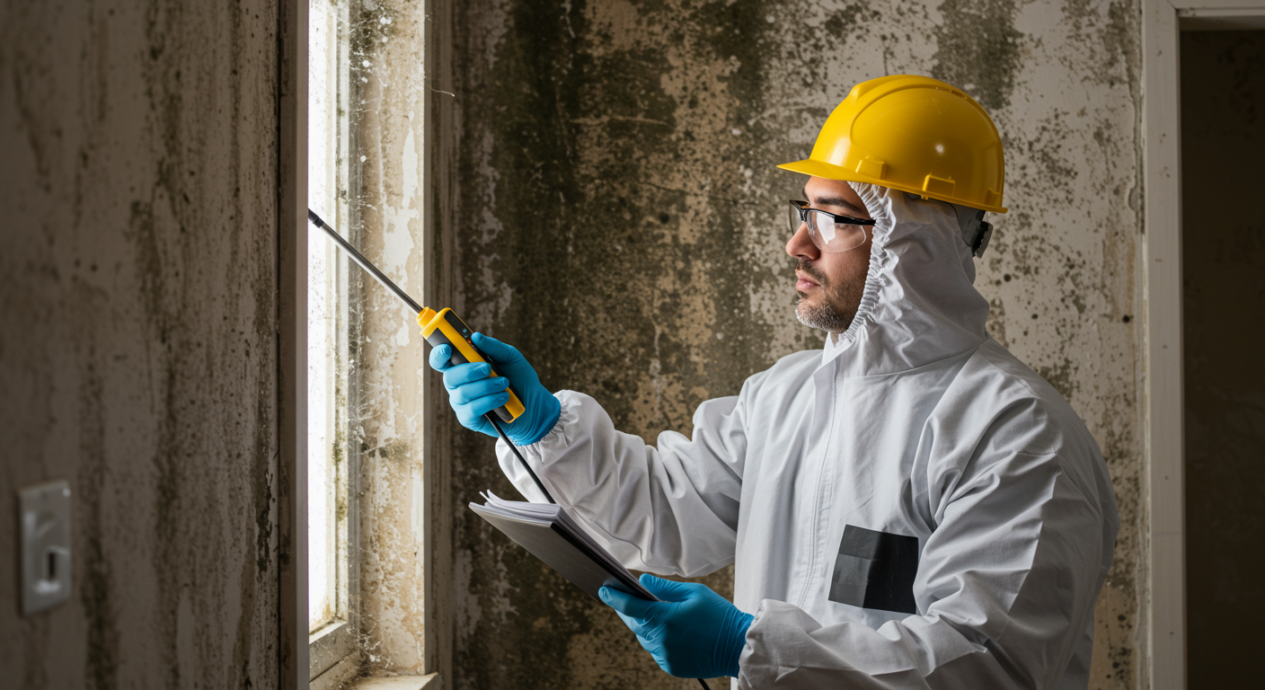 A professional mold inspector wearing protective gear examines a wall with visible black mold growth. The inspector is using a moisture meter to assess the extent of the mold damage.