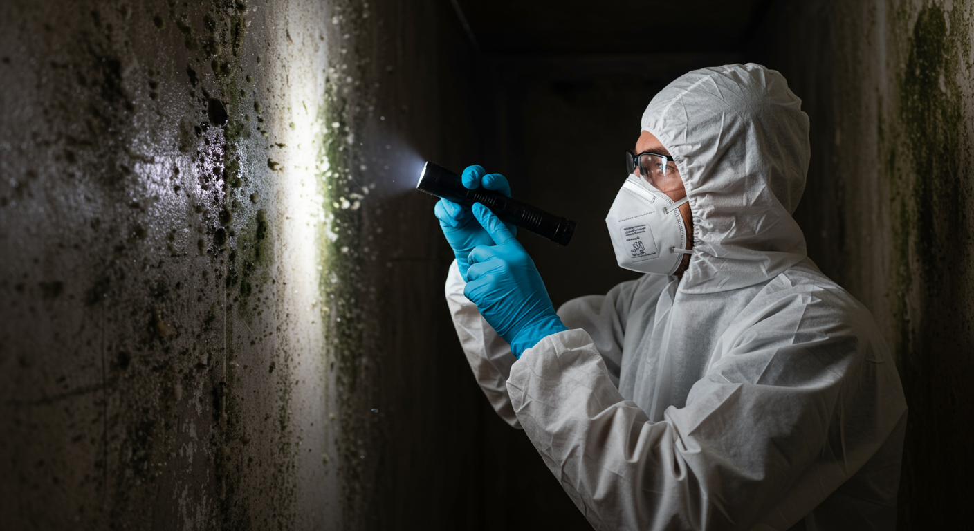 A professional mold inspector examining a damp wall with a flashlight, highlighting areas with visible mold growth. The inspector wears protective gear, including gloves and a mask, to emphasize safety.