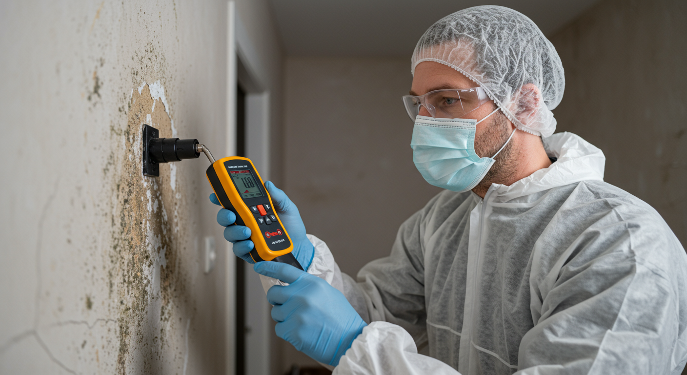 A professional mold inspector examining a wall with a moisture meter, highlighting the inspection process.