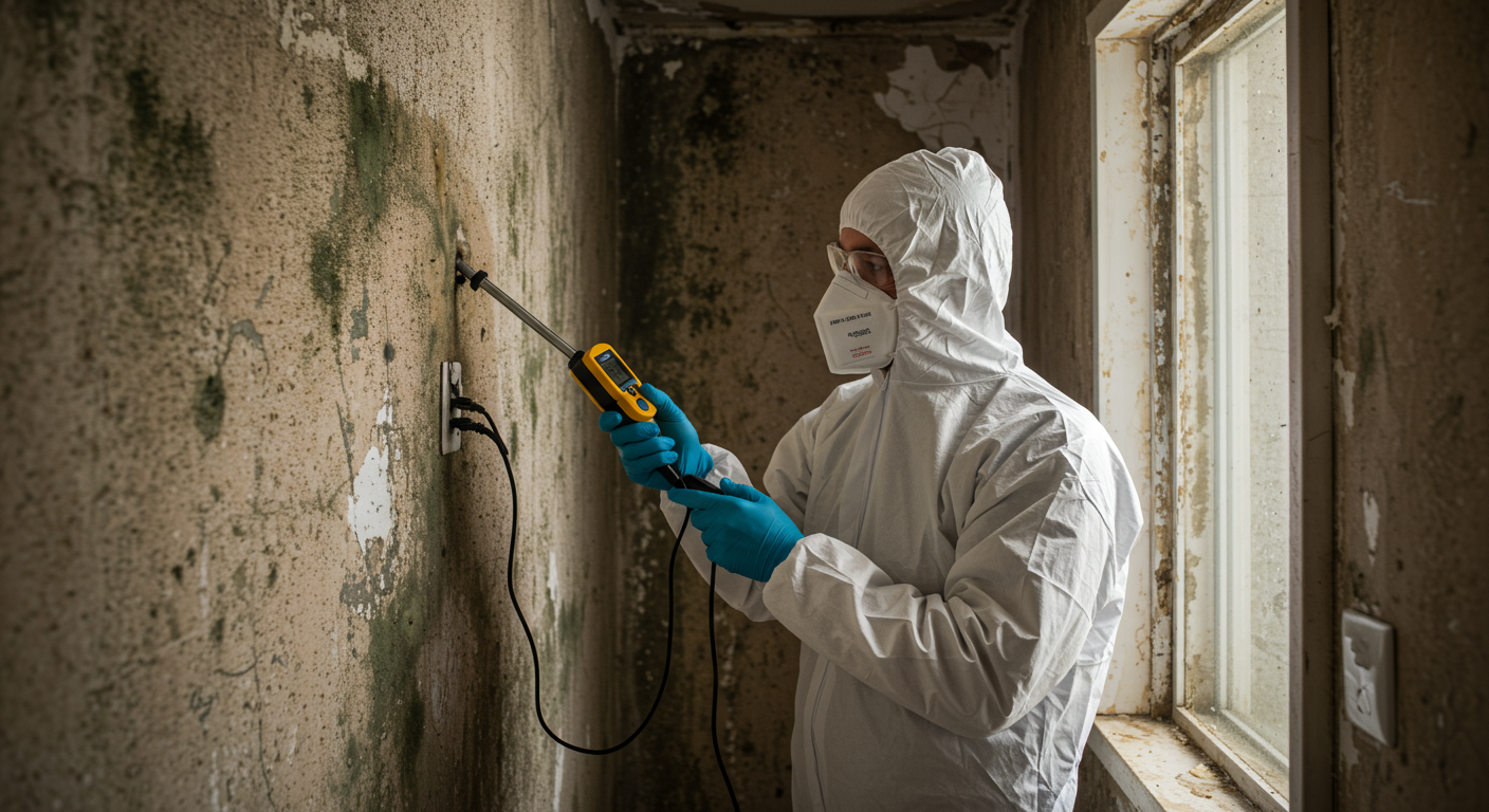 A professional mold remediation technician in protective gear, inspecting a damp area in a home with visible mold growth on the walls. The technician is using a moisture meter to assess the extent of the mold damage.