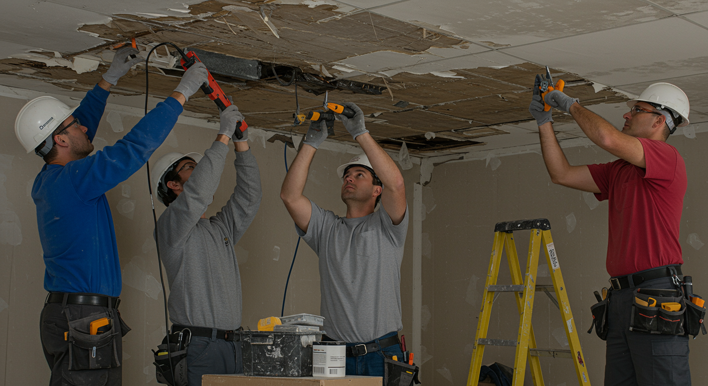A team of certified technicians working together to repair a water-damaged ceiling. Tools and equipment are visible, showcasing teamwork and professionalism in the repair process.