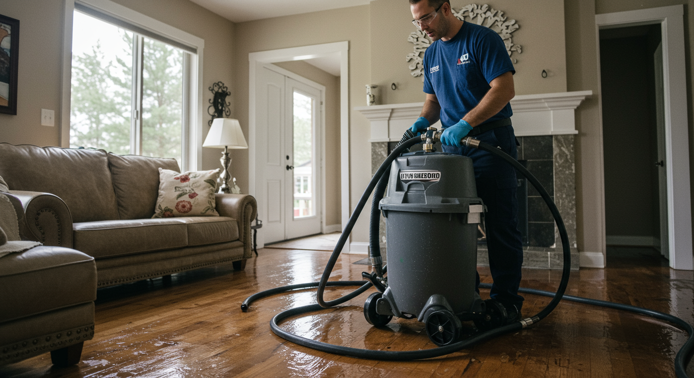 A professional water damage restoration technician in action, using specialized equipment to extract water from a flooded living room. The focus is on the technician's determined expression as they work diligently to restore the home.