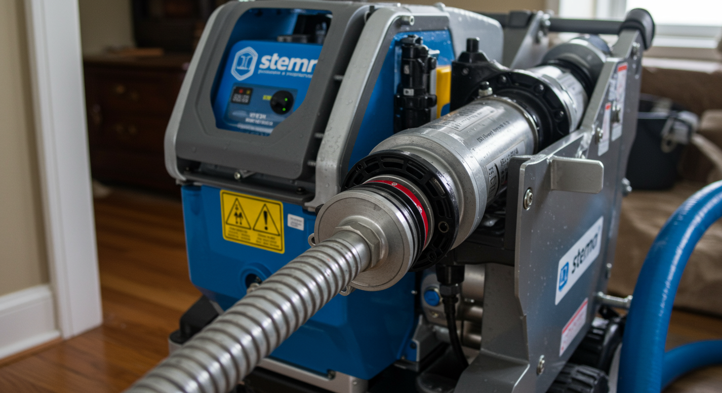 A close-up of high-tech water extraction equipment being used in a home setting. The focus is on the machinery, showcasing the tools that professionals use to handle water damage effectively.