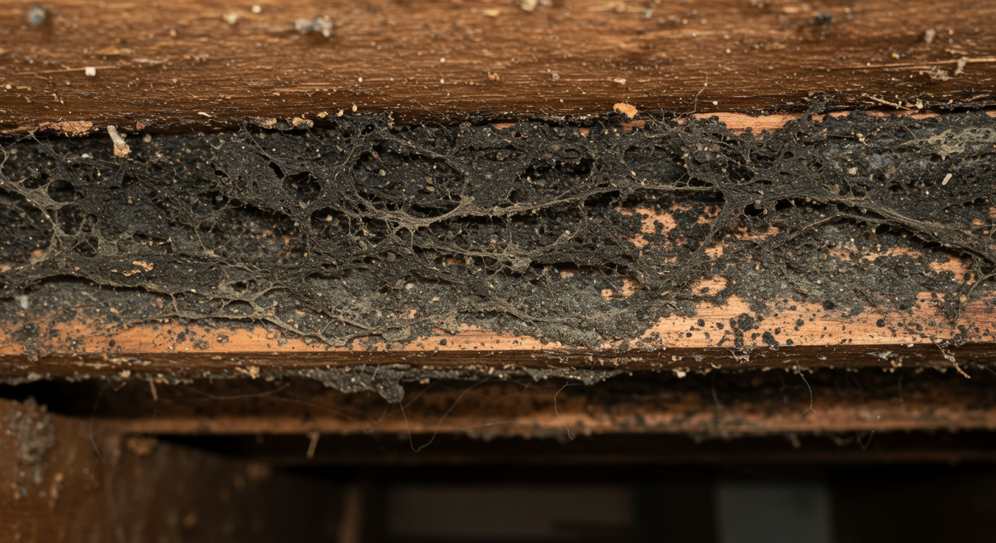 A close-up view of black mold growing on wooden beams in a dimly lit crawl space.